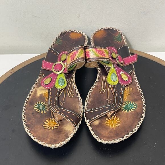L'Artiste Sandals Women‎ 7.5 Leather Floral Wedge Slip-On Tore Ring Boho - Picture 2 of 10